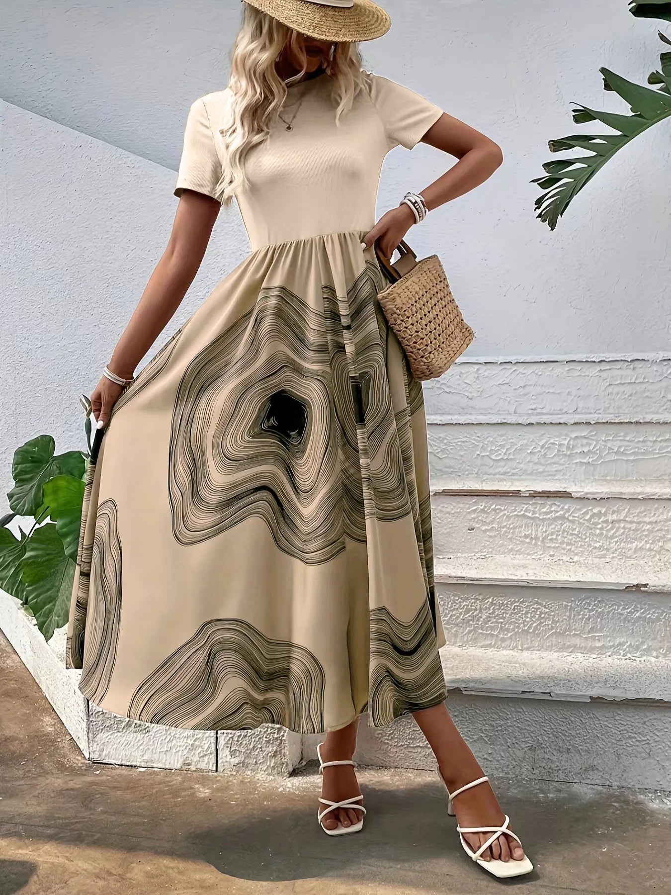 Printed Round Neck Short Sleeve Dress