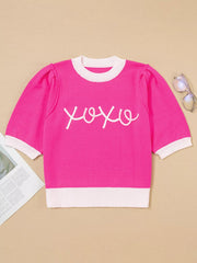 XOXO Valentines Contrast Trim Crew Neck Short Sleeve Sweater