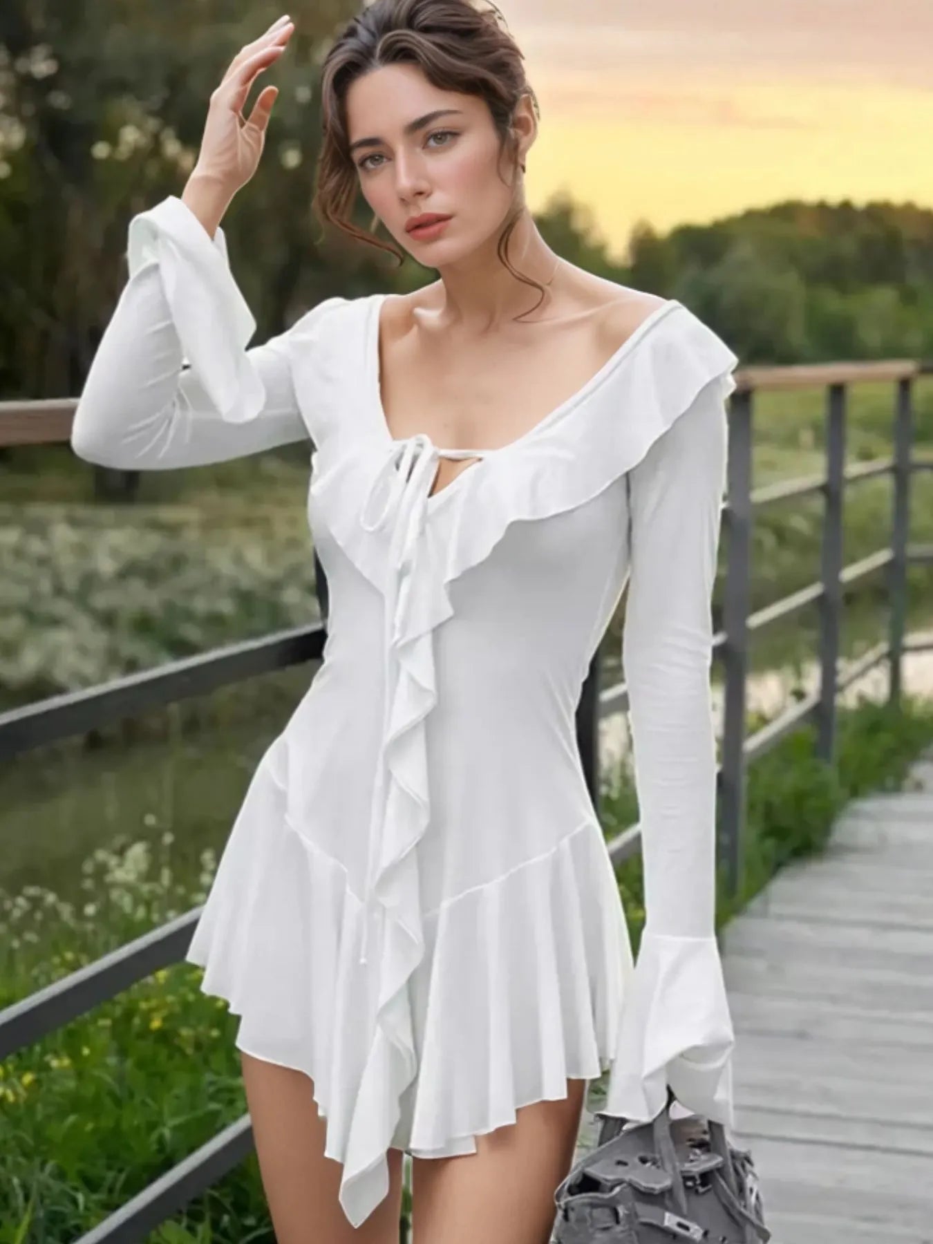 Ruffle V-Neck Flounce Sleeve Mini Dress