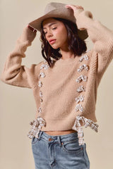 SO ME Checkered Plaid Tape Lace Up Ribbed Sweater