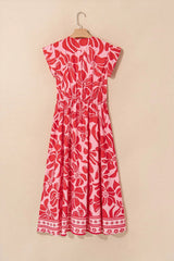 Floral Ruffled V-Neck Midi Dress with Button Front