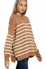 Zenana Exposed Seam Striped Oversized Sweater