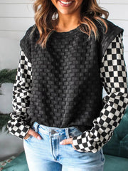 Textured Contrast Checkered Patchwork Long Sleeve Top