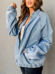 Elastic Edge Collared Zip Up Denim Jacket With Pocket