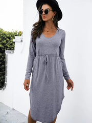Drawstring Waist Long Sleeve Casual Dress