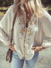 Floral Embroidered Textured Puff Sleeve Loose Shirt
