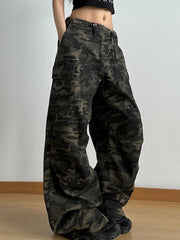 Drawstring Camouflage Cargo Wide Leg Jeans
