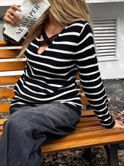 Striped Cross Front Long Sleeve Knit Top