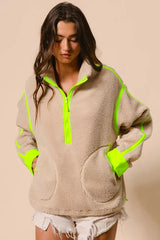 BiBi Contrast Edge Half Zip Up Sherpa Jacket