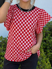 Checkered Print Ruffle Cap Sleeve Contrast Trim Round Neck Top