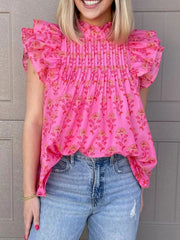 Floral Print Pleated Ruffled Flutter Sleeve Blouse