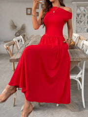 Single Shoulder Midi Dress with Pockets