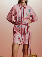 Printed Tie Waist Half Sleeve Shirt Dress