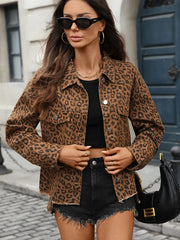 Leopard Print Raw Hem Denim Jacket