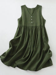 V-Neck Button Detail Sleeveless Midi Dress