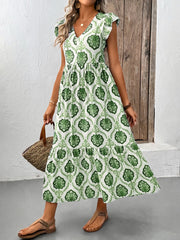 Ruffled Printed V-Neck Cap Sleeve Dress