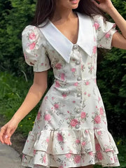 Floral Print Button-Front Ruffle Hem Dress
