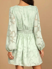 Smocked V-Neck Balloon Sleeve Dress