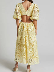 Cutout Back Lace Crochet V-Neck Dress
