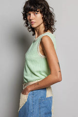 POL Ribbed Round Neck Tank with Lace Trim