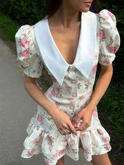 Floral Print Button-Front Ruffle Hem Dress