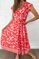 Floral Ruffled V-Neck Midi Dress with Button Front