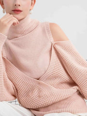 Waffle Knit Cold Shoulder Turtleneck Sweater