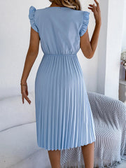 Lace Detail Ruffled Cap Sleeve Pleated Dress