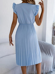 Lace Detail Ruffled Cap Sleeve Pleated Dress