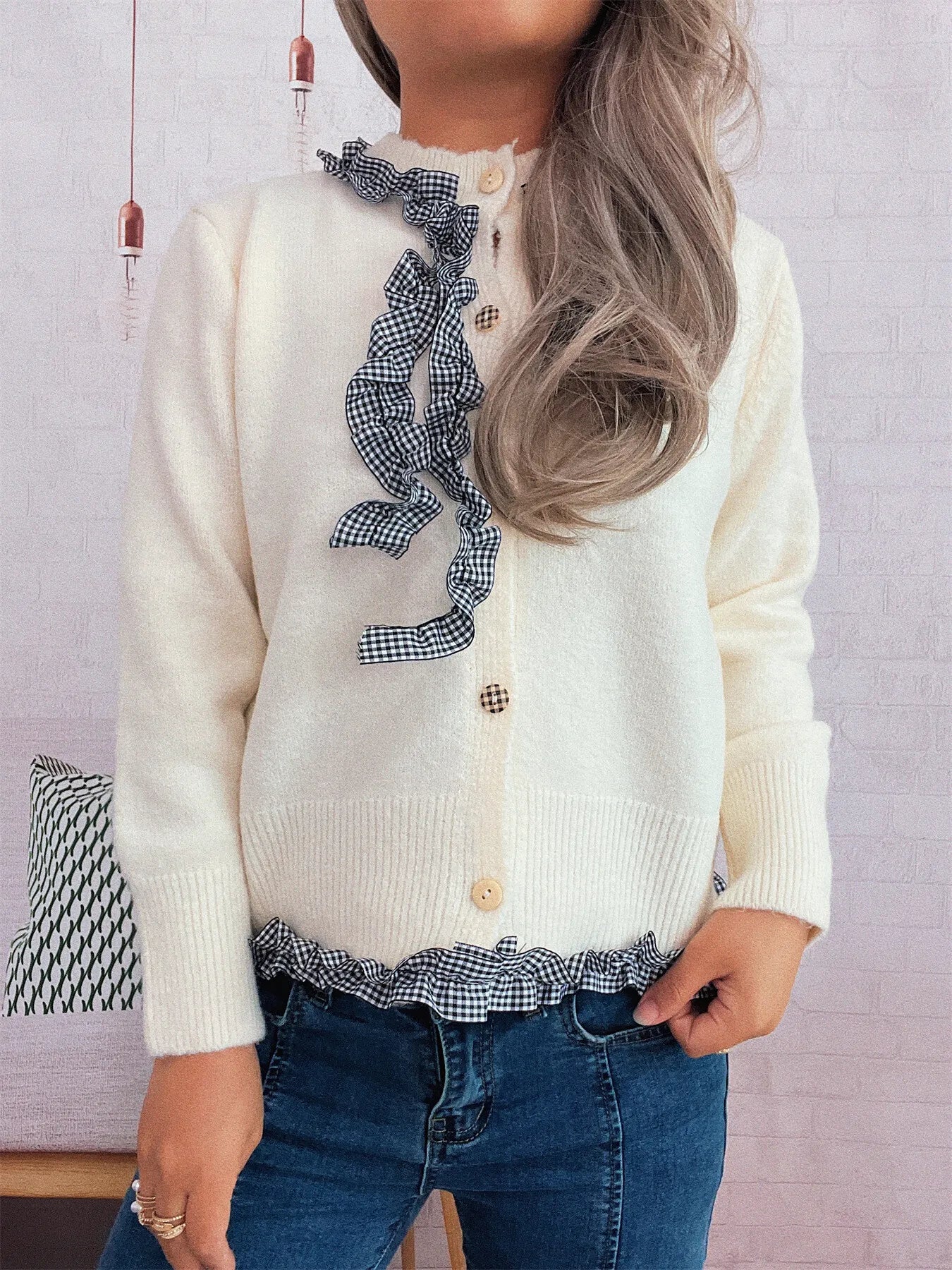 Ruffle Trim Gingham Cardigan