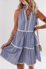 Stripe Sleeveless Notched Ric Rac Mini Dress