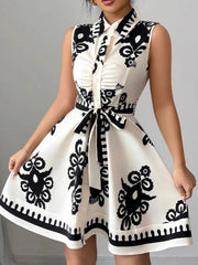 Printed Sleeveless Tie Waist Mini Dress
