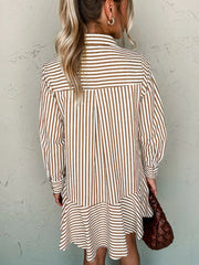 Stripe Ruffled Hem Collared Long Sleeve Shirt Mini Dress
