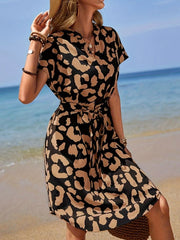 Leopard Notched Tie Waist Midi Dress