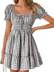 Gingham Smocked Puff Sleeve Summer Dress