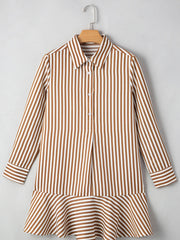 Stripe Ruffled Hem Collared Long Sleeve Shirt Mini Dress