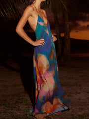 Abstract Print Halter Neck Maxi Cami Dress
