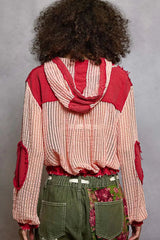 POL Texture Woven Button Down Hooded Shirt with Drawstring Hem