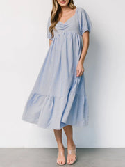 Striped Sweetheart Neck Puff Sleeve Midi Dress