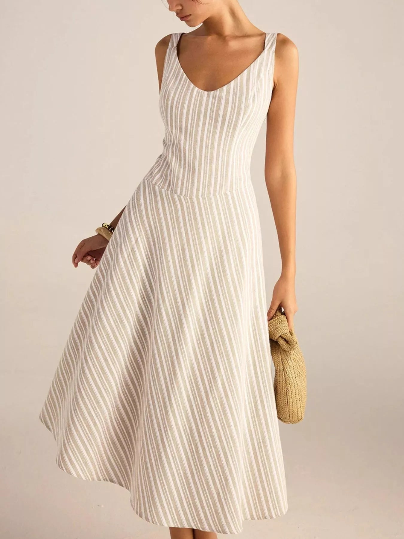 Full Size Striped Sleeveless Midi Dress Plus Size