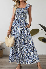 Smocked Printed Square Neck Dress