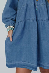 Tied Square Neck Long Sleeve Denim Dress with Pockets