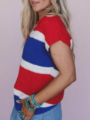 Striped Notched Short Sleeve Sweater