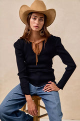 BiBi Ribbed Contrast Front Tied Top with Shrried