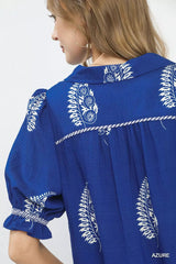 Umgee Printed Puff Sleeve Split Neck Top