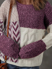 Color Block Patchwork Knotted Back Loose Fit Sweater