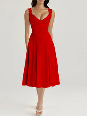 Scalloped V-Neck Midi Dress with Back Lace-Up