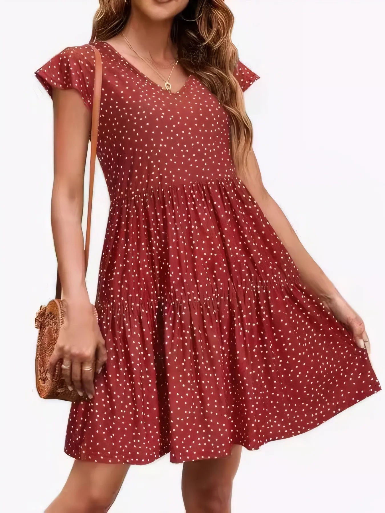 Polka Dot Mini Dress - Ruffle Sleeve V-Neck Style