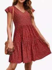 Polka Dot Mini Dress - Ruffle Sleeve V-Neck Style