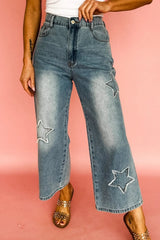 Star Embroidered High Waist Wide Leg Jeans